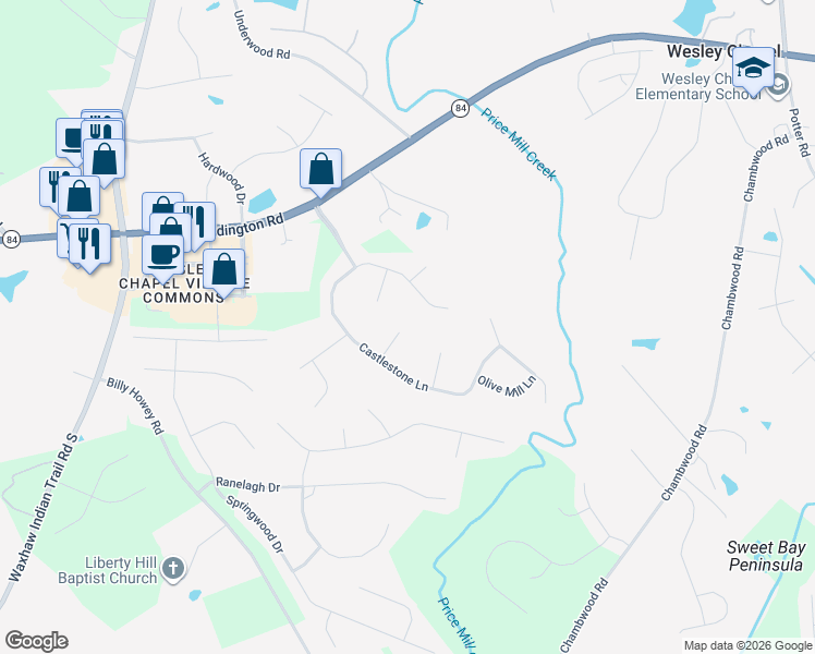 map of restaurants, bars, coffee shops, grocery stores, and more near 3008 Whisperfield Lane in Matthews