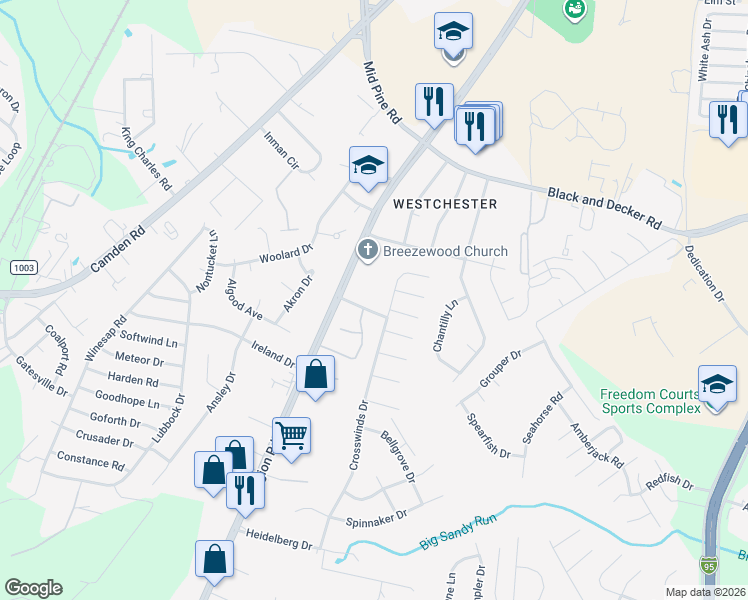 map of restaurants, bars, coffee shops, grocery stores, and more near 3370 Crosswinds Drive in Hope Mills