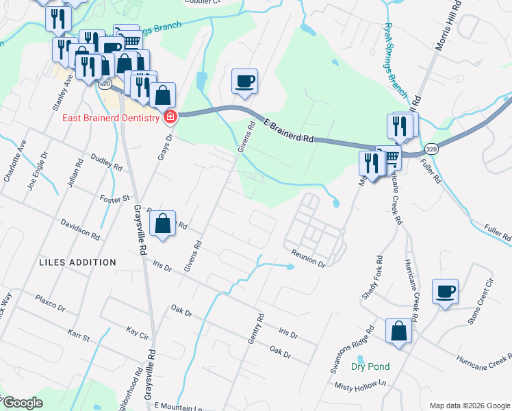 map of restaurants, bars, coffee shops, grocery stores, and more near 8626 Oak View Drive in Chattanooga