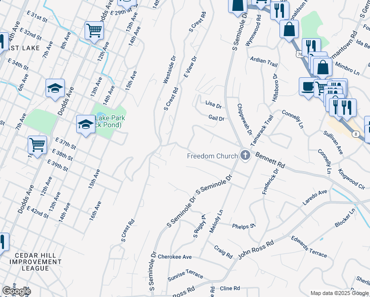 map of restaurants, bars, coffee shops, grocery stores, and more near 3402 Shadowlawn Drive in Chattanooga