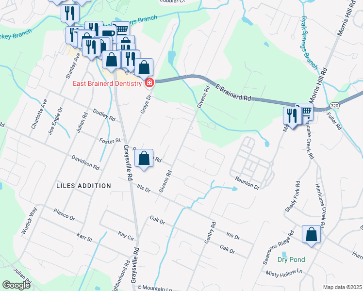 map of restaurants, bars, coffee shops, grocery stores, and more near Givens Road in Chattanooga