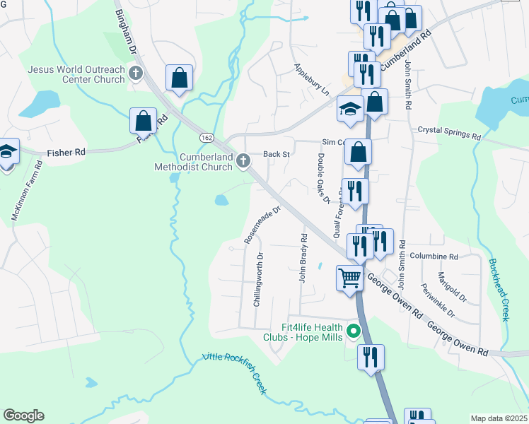 map of restaurants, bars, coffee shops, grocery stores, and more near 2820 Rosemeade Drive in Fayetteville