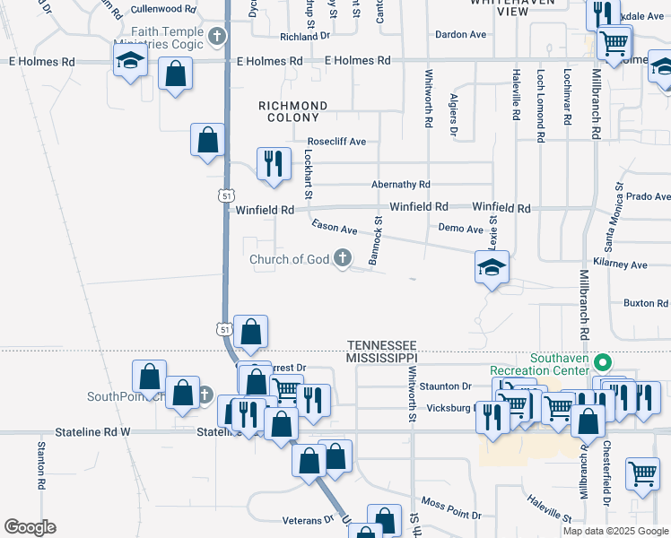 map of restaurants, bars, coffee shops, grocery stores, and more near 1313 Ryanwood Avenue in Memphis