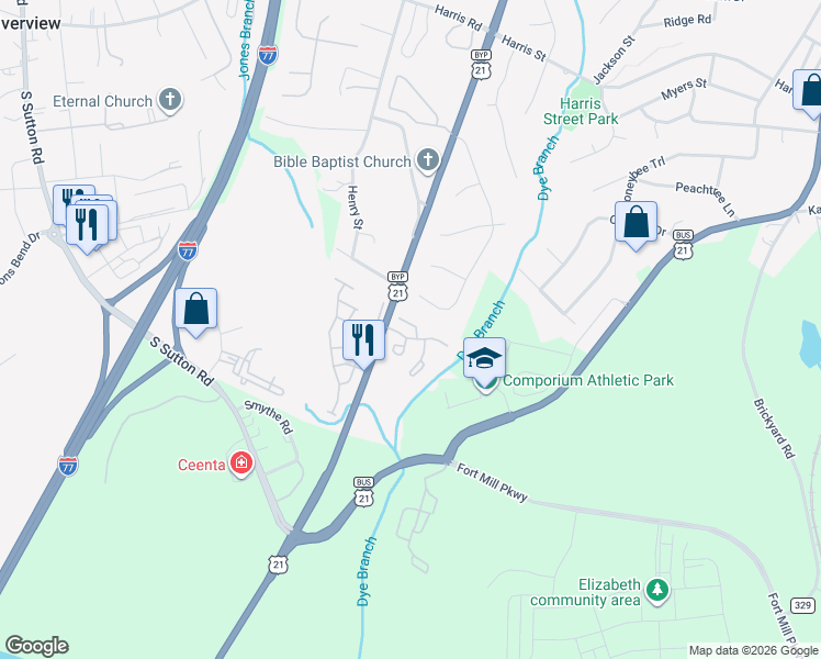 map of restaurants, bars, coffee shops, grocery stores, and more near 105 Rhett Court in Fort Mill