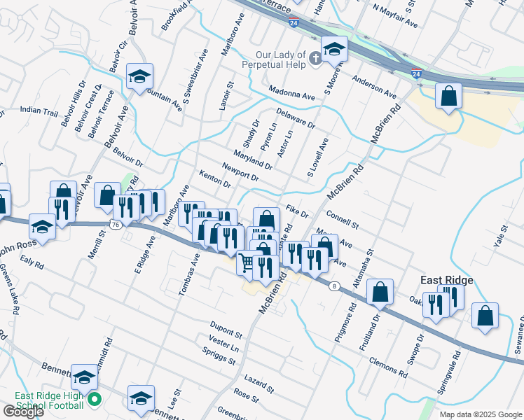 map of restaurants, bars, coffee shops, grocery stores, and more near 1408 Armour Drive in Chattanooga