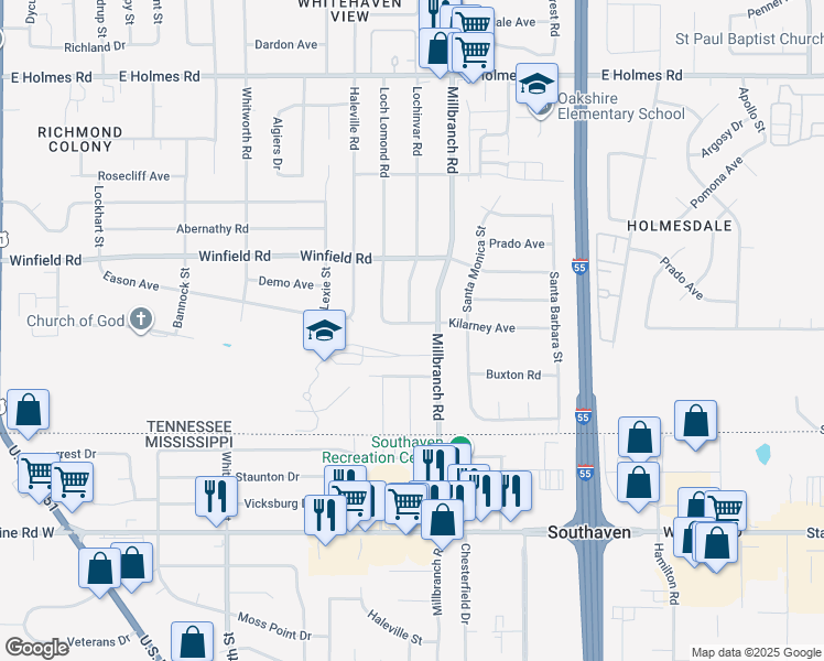 map of restaurants, bars, coffee shops, grocery stores, and more near 1639 Kilarney Avenue in Memphis