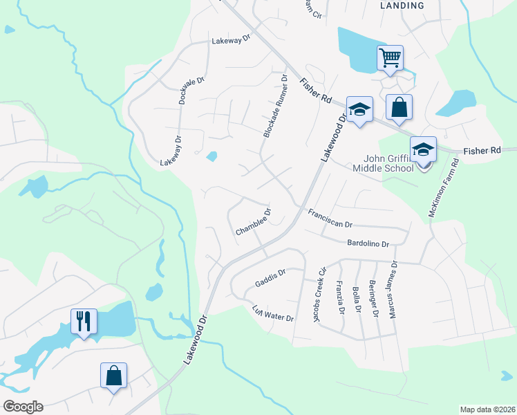 map of restaurants, bars, coffee shops, grocery stores, and more near 6490 Chamblee Drive in Fayetteville