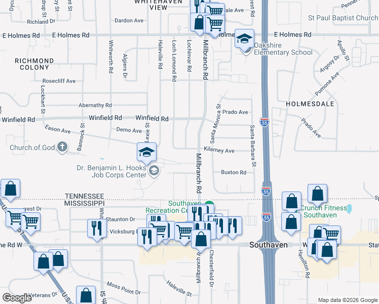 map of restaurants, bars, coffee shops, grocery stores, and more near 1639 Kilarney Avenue in Memphis