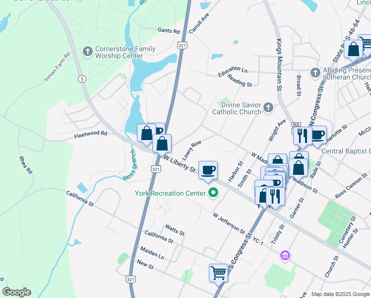 map of restaurants, bars, coffee shops, grocery stores, and more near 107 Lowry Row in York