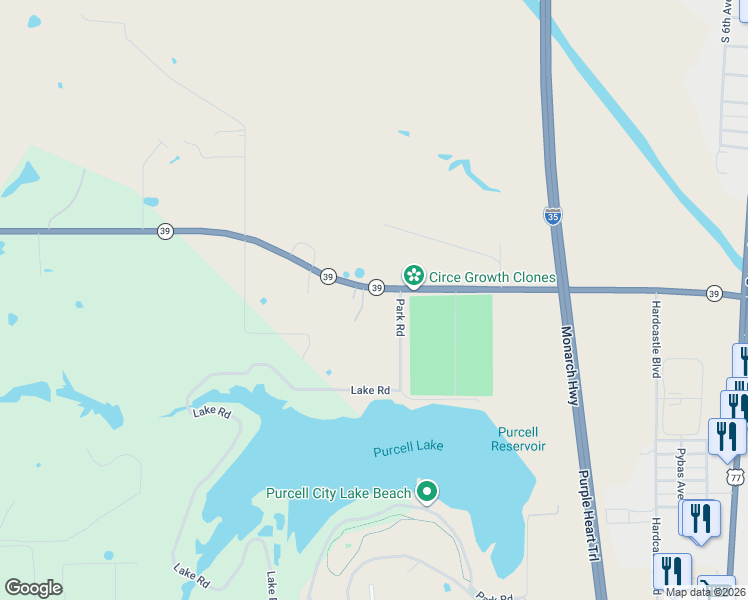 map of restaurants, bars, coffee shops, grocery stores, and more near 1602 Wyatt Rd in Purcell