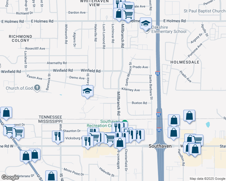map of restaurants, bars, coffee shops, grocery stores, and more near 1639 Kilarney Avenue in Memphis