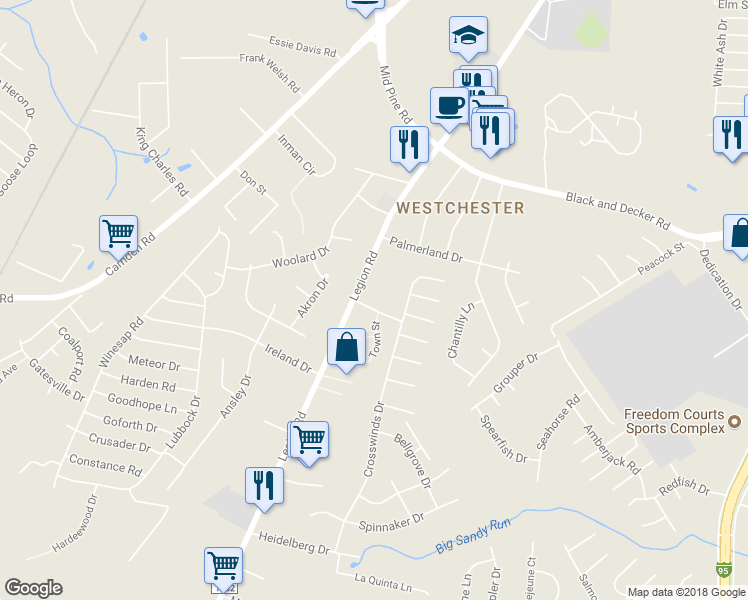 map of restaurants, bars, coffee shops, grocery stores, and more near 589 Countrytown Drive in Hope Mills