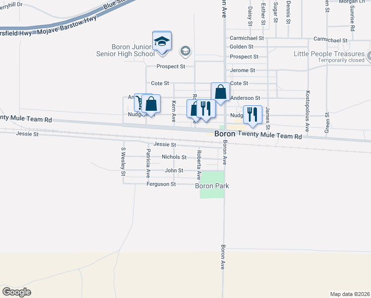 map of restaurants, bars, coffee shops, grocery stores, and more near 26889 Nichols Street in Boron