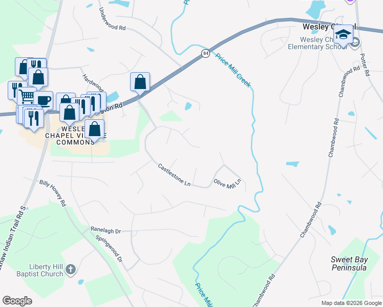 map of restaurants, bars, coffee shops, grocery stores, and more near 3008 Whisperfield Lane in Matthews
