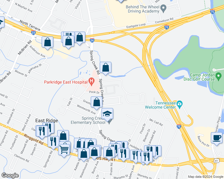 map of restaurants, bars, coffee shops, grocery stores, and more near 950 Spring Creek Road in Chattanooga