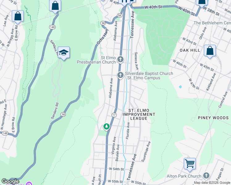 map of restaurants, bars, coffee shops, grocery stores, and more near 4606 Alabama Avenue in Chattanooga