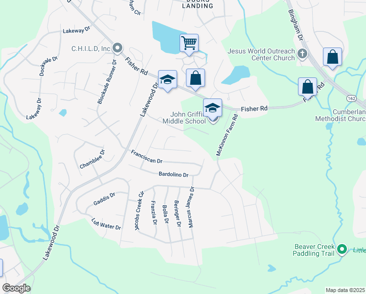 map of restaurants, bars, coffee shops, grocery stores, and more near 2612 Danzante Place in Fayetteville