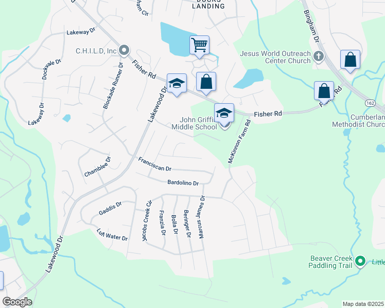 map of restaurants, bars, coffee shops, grocery stores, and more near 2612 Danzante Place in Fayetteville