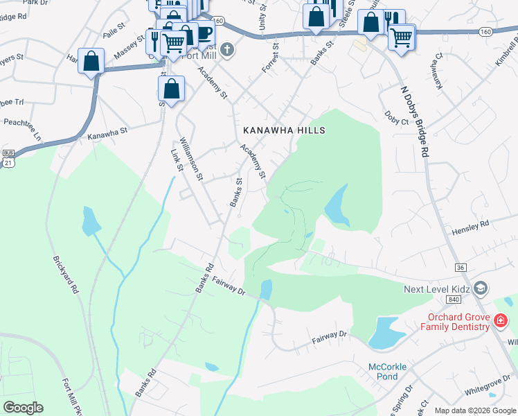 map of restaurants, bars, coffee shops, grocery stores, and more near 490 Academy Street in Fort Mill