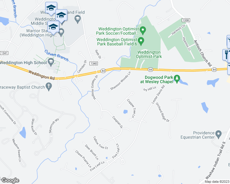 map of restaurants, bars, coffee shops, grocery stores, and more near 8149 Shannon Woods Lane in Matthews