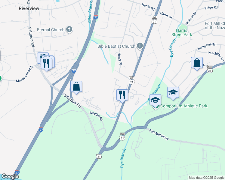 map of restaurants, bars, coffee shops, grocery stores, and more near 501 Delta Drive in Fort Mill