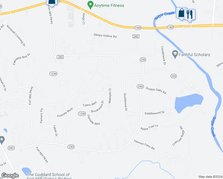 map of restaurants, bars, coffee shops, grocery stores, and more near 262 Makayla Court in Fort Mill