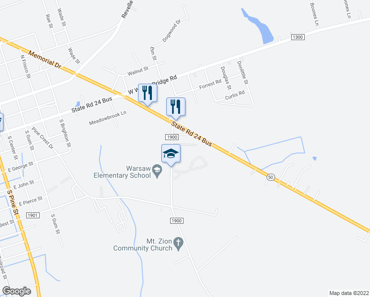 map of restaurants, bars, coffee shops, grocery stores, and more near 126 Brewer Boulevard in Warsaw