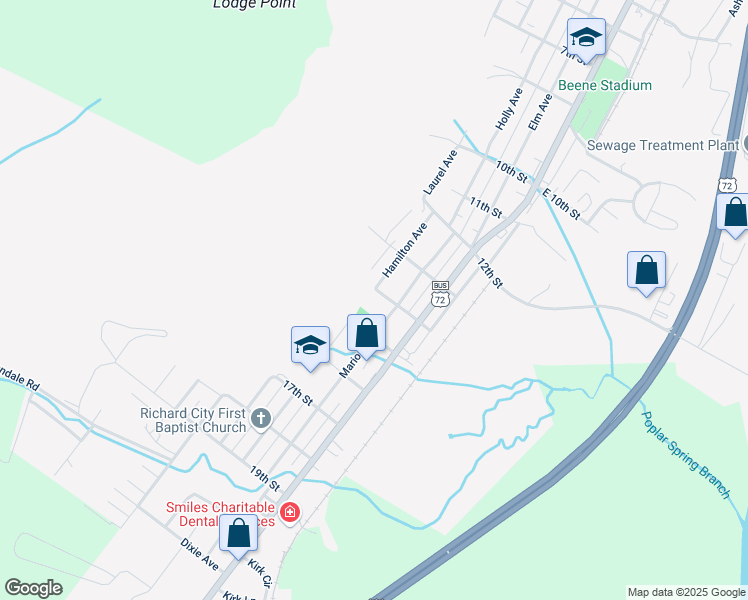 map of restaurants, bars, coffee shops, grocery stores, and more near 1402 Holly Avenue in South Pittsburg