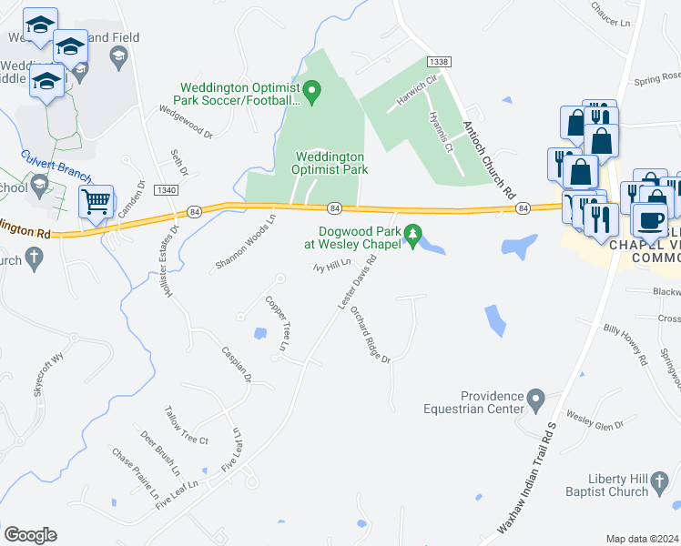 map of restaurants, bars, coffee shops, grocery stores, and more near 7309 Ivy Hill Lane in Waxhaw