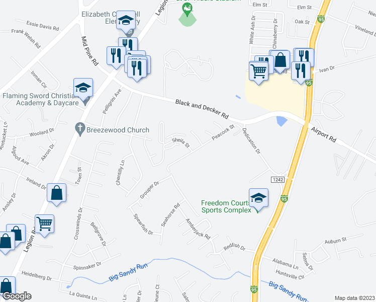 map of restaurants, bars, coffee shops, grocery stores, and more near 401 Sheila Street in Hope Mills