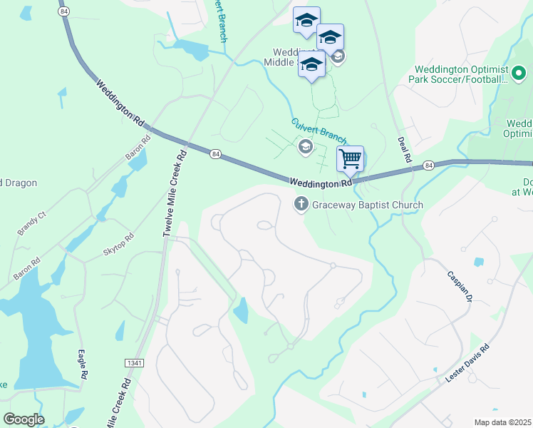 map of restaurants, bars, coffee shops, grocery stores, and more near 2510 Woodswail Court in Waxhaw