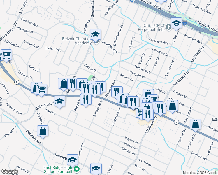 map of restaurants, bars, coffee shops, grocery stores, and more near 4201 Ringgold Road in Chattanooga