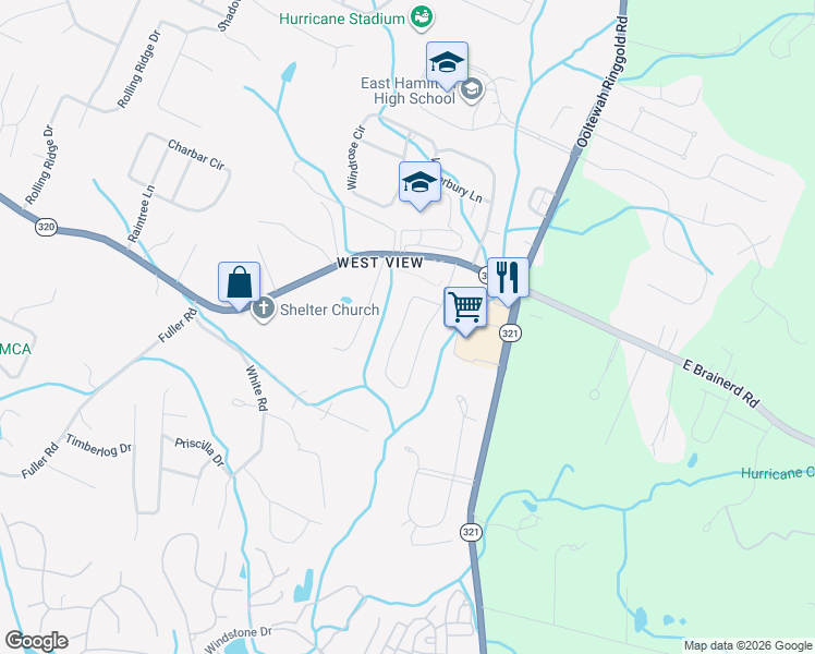 map of restaurants, bars, coffee shops, grocery stores, and more near 1565 Buttonwood Loop in Chattanooga