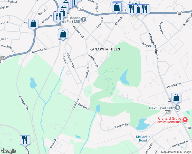 map of restaurants, bars, coffee shops, grocery stores, and more near 490 Academy Street in Fort Mill