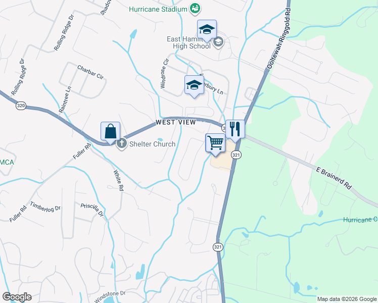 map of restaurants, bars, coffee shops, grocery stores, and more near 1565 Buttonwood Loop in Chattanooga