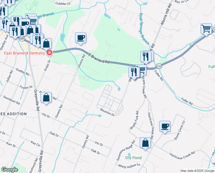 map of restaurants, bars, coffee shops, grocery stores, and more near 8603 Homecoming Drive in Chattanooga
