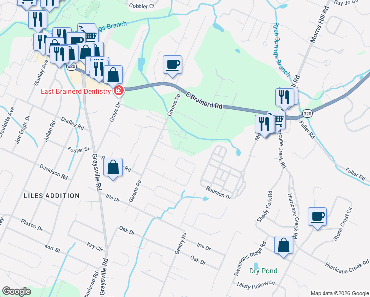 map of restaurants, bars, coffee shops, grocery stores, and more near 8626 Oak View Drive in Chattanooga
