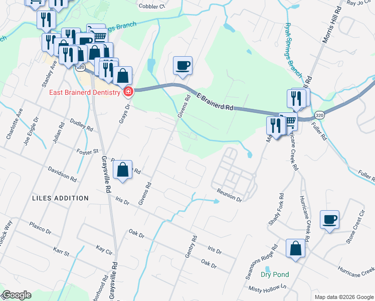 map of restaurants, bars, coffee shops, grocery stores, and more near 8626 Oak View Drive in Chattanooga