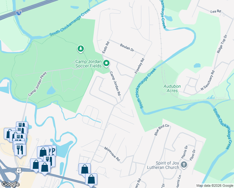 map of restaurants, bars, coffee shops, grocery stores, and more near 304 Cedar Glen Circle in Chattanooga