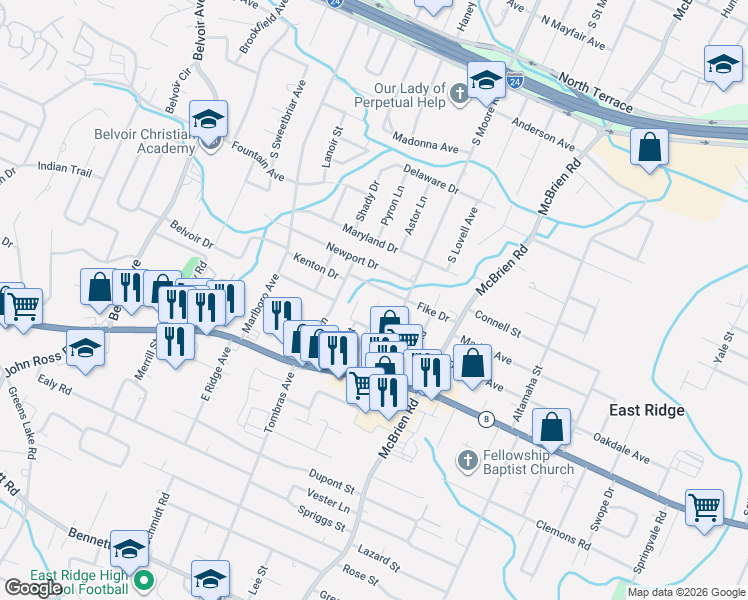 map of restaurants, bars, coffee shops, grocery stores, and more near 1411 Armour Drive in East Ridge