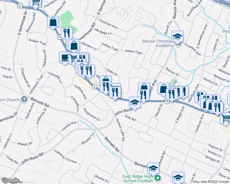 map of restaurants, bars, coffee shops, grocery stores, and more near 3927 Ringgold Road in East Ridge