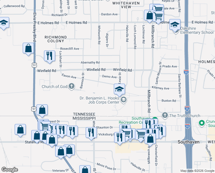 map of restaurants, bars, coffee shops, grocery stores, and more near 1471 Eason Avenue in Memphis