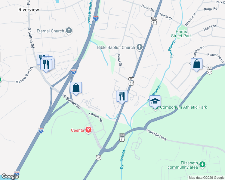 map of restaurants, bars, coffee shops, grocery stores, and more near 505 Delta Drive in Fort Mill