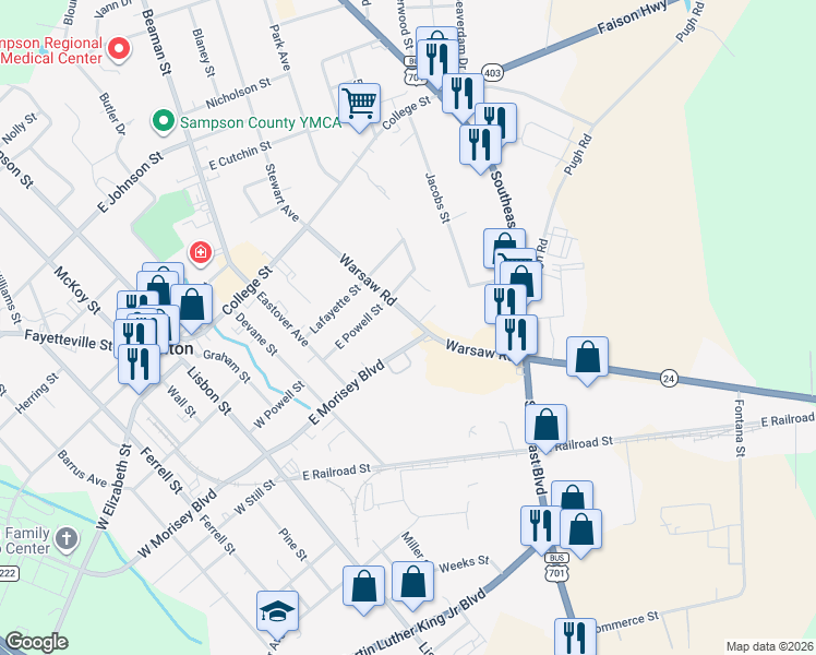 map of restaurants, bars, coffee shops, grocery stores, and more near 607-608 E Morisey Blvd in Clinton