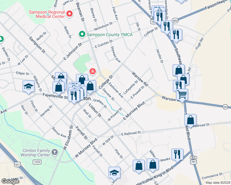 map of restaurants, bars, coffee shops, grocery stores, and more near 124 Devane Street in Clinton