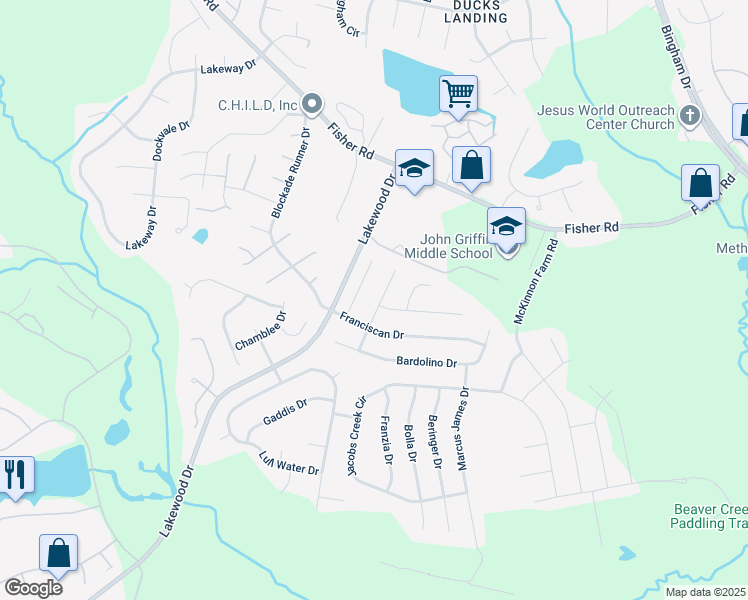 map of restaurants, bars, coffee shops, grocery stores, and more near 2930 Lambrusco Place in Fayetteville