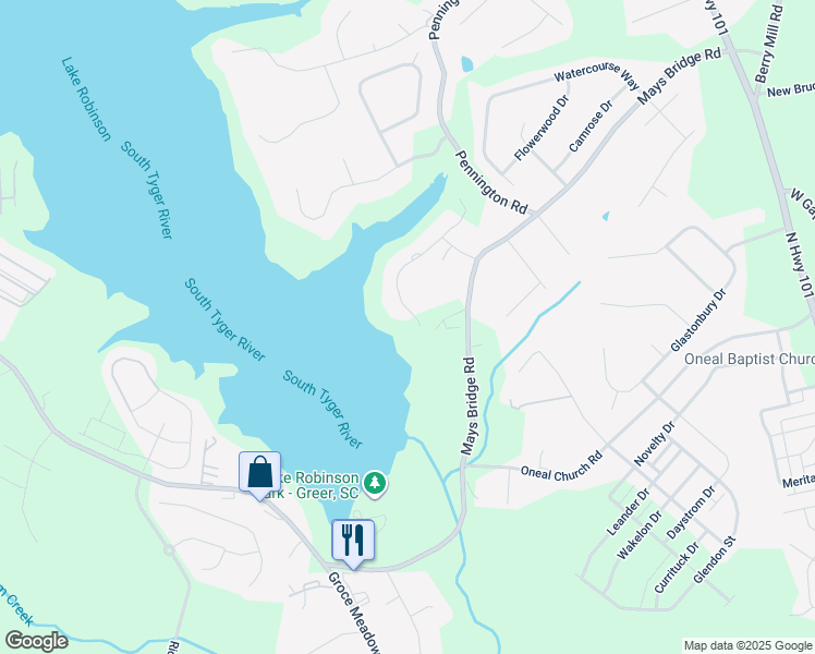 map of restaurants, bars, coffee shops, grocery stores, and more near 148 Emma Bryant Way in Greer