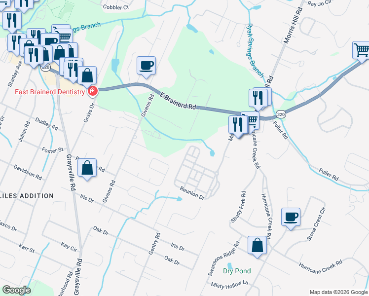 map of restaurants, bars, coffee shops, grocery stores, and more near 8603 Homecoming Drive in Chattanooga