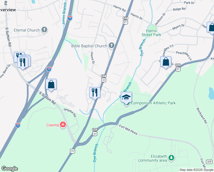 map of restaurants, bars, coffee shops, grocery stores, and more near 105 Rhett Court in Fort Mill