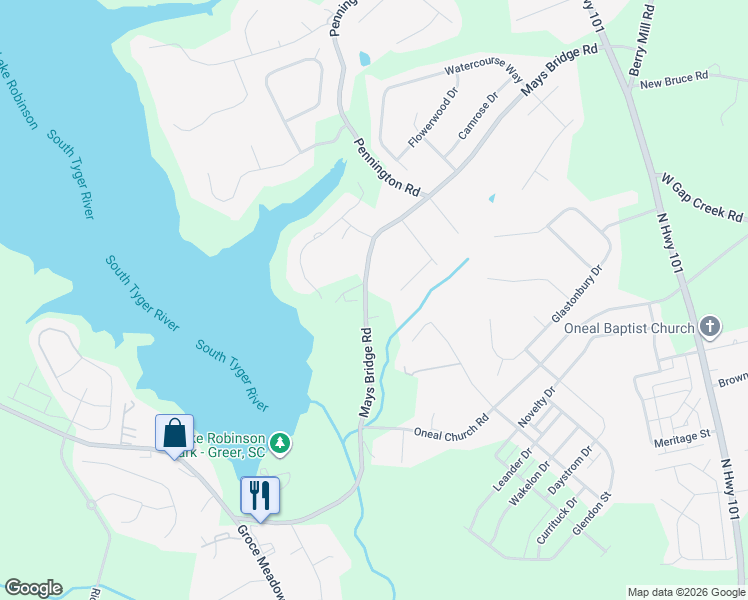 map of restaurants, bars, coffee shops, grocery stores, and more near 2361 Mays Bridge Road in Greer
